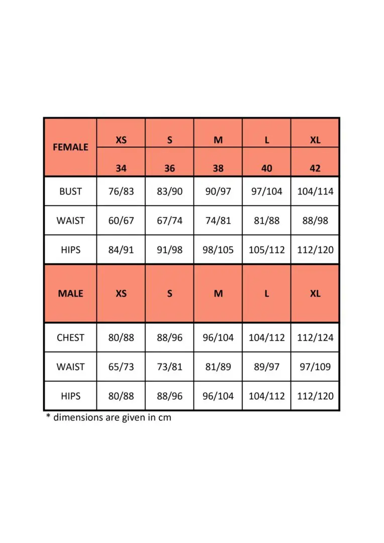 SENGA size chart